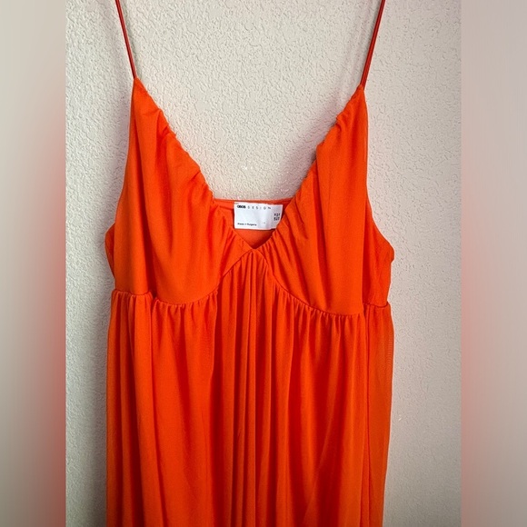 NWT ASOS Coral Orange Mesh Overlay Empire Waist Skater Maxi Dress 14 - Picture 8 of 13